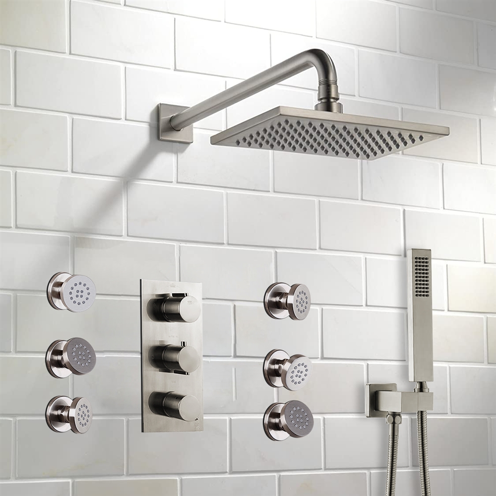 FontanaShowers Brushed Nickel Touch Clean Rainfall Shower Set With Thermostat Mixer Jet Spray And Handshower